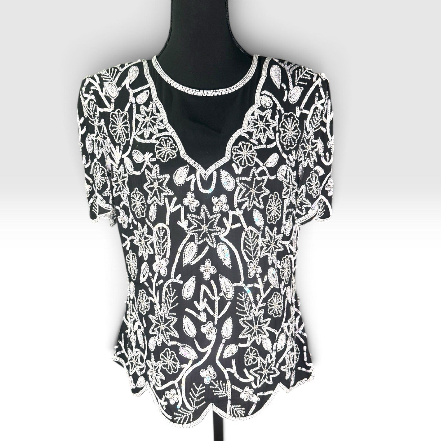 Vintage 80s Sténay Silk Beaded Sequin Top L Black White Shoulder Pads