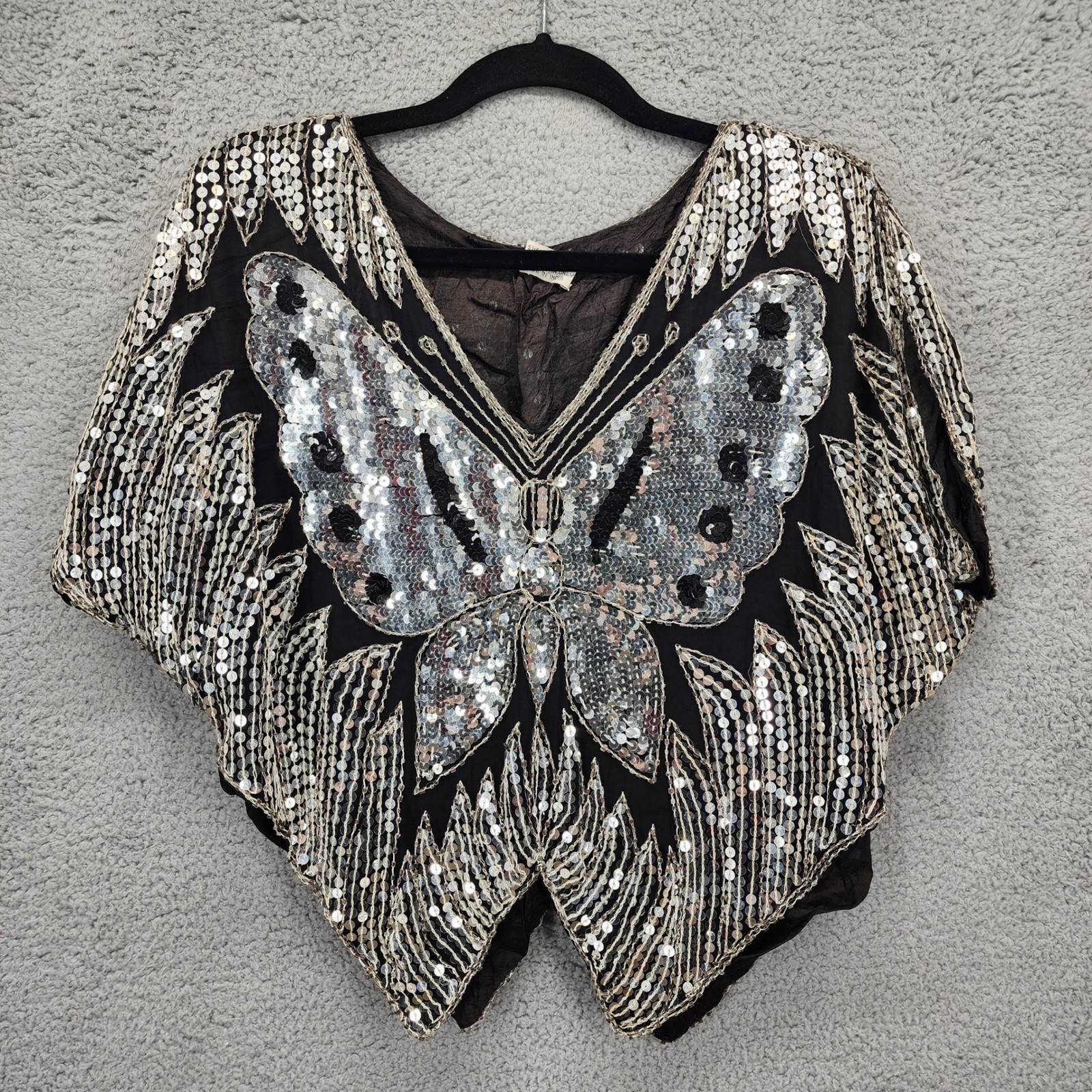 Vintage 100% Silk Silver Sequin Butterfly Top Batwing Dolman Beaded India