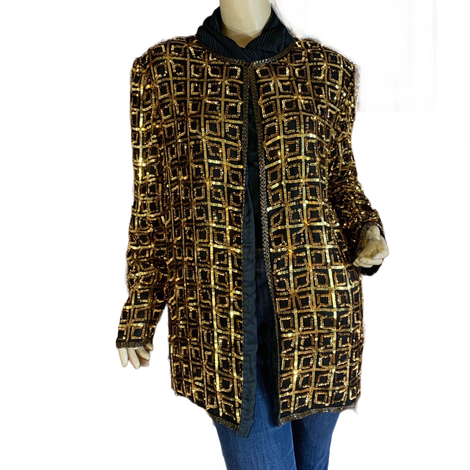 VINTAGE 1980’S CARINA BLACK & GOLD SEQUINS SILK JACKET SIZE XL