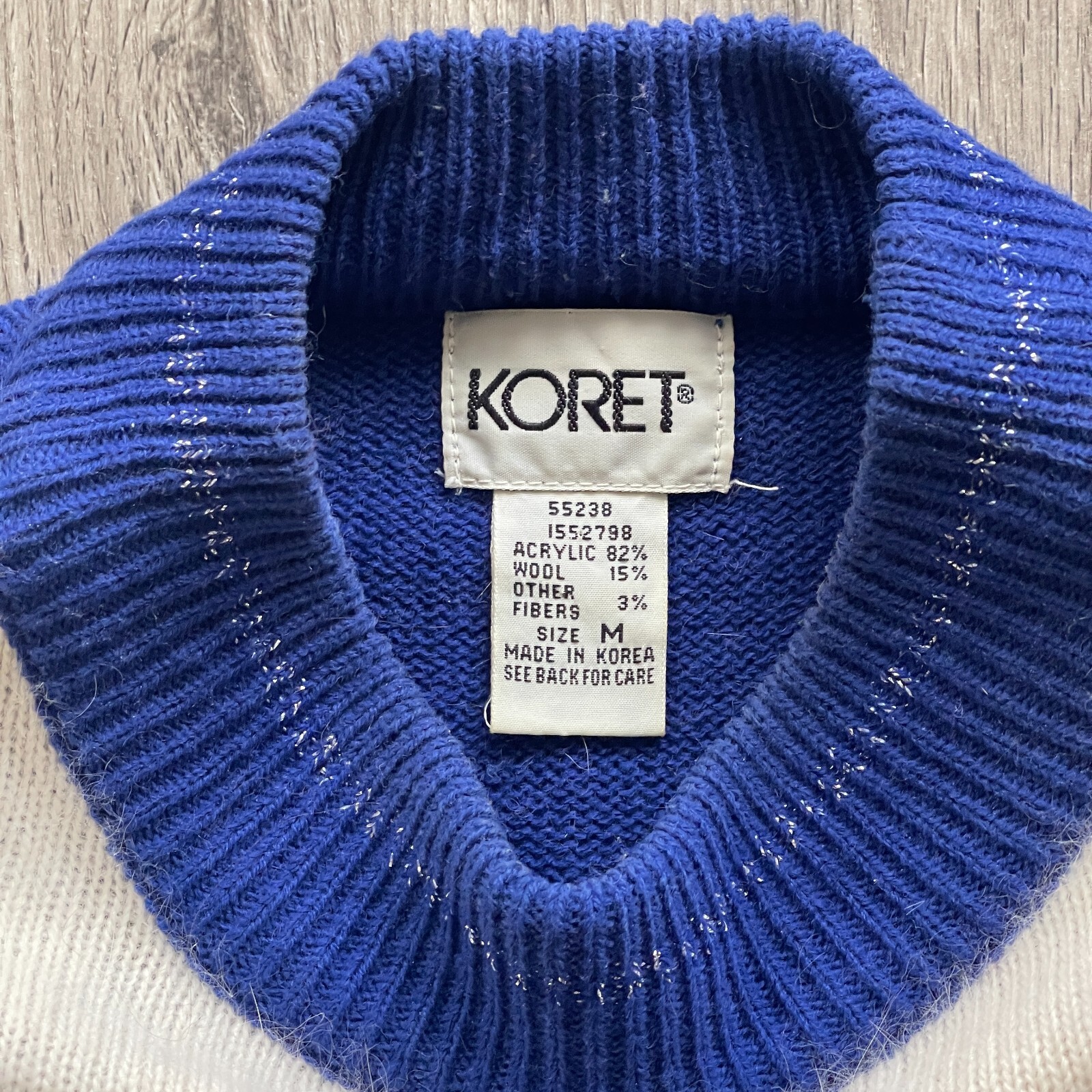 Vintage 90s Koret Royal Blue White Silver Beaded Yoke MockNeck Sweater Size Med