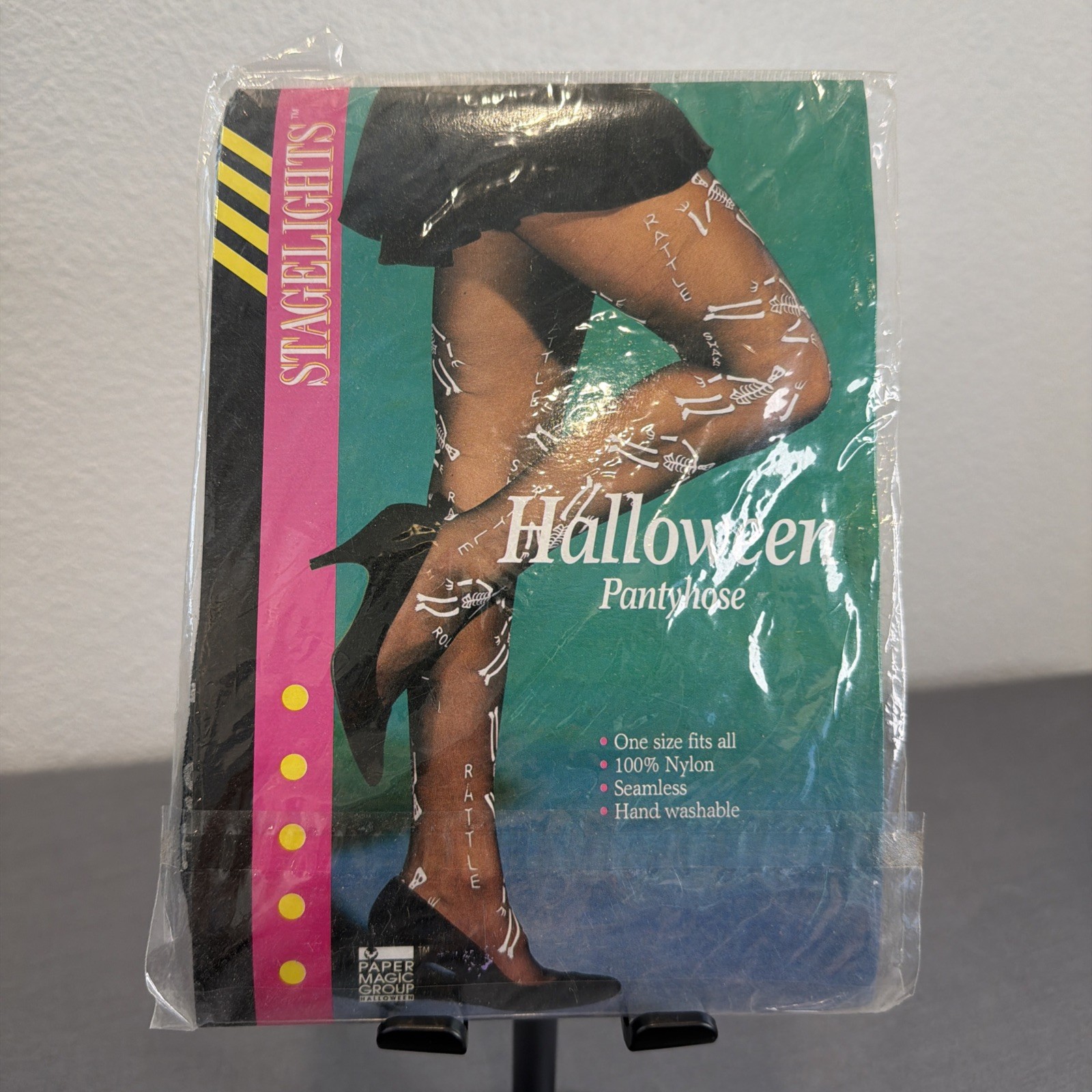 Vintage 90s Halloween Skeleton Pantyhose One Size Black sheer