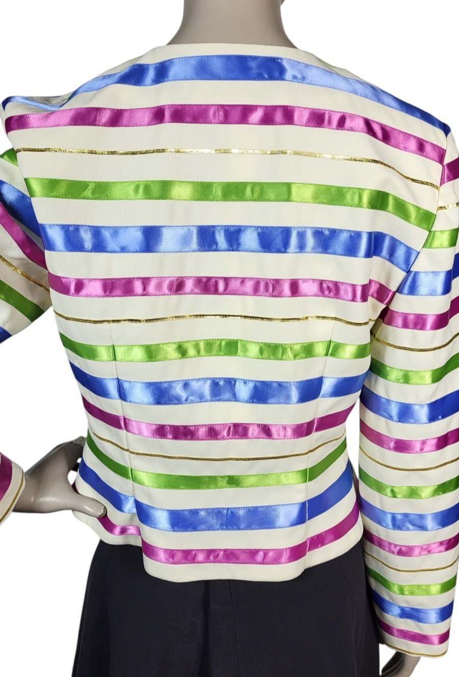 Vintage Satin Jewel Tone Metallic Ribbon Striped Blouse Jacket Maggy London