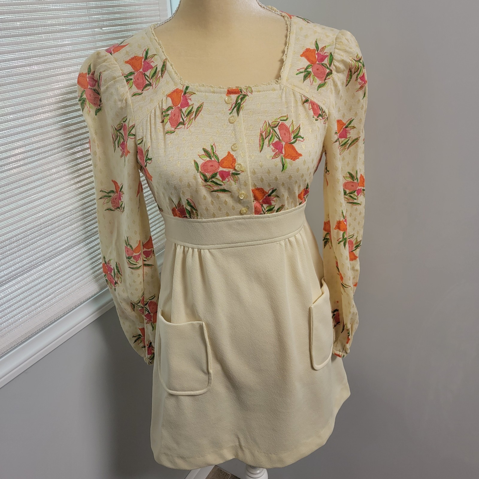 Patricia Fair Mini Dress Vtg 60s 70s MOD Floral Babydoll Twiggy Lolita Brady XS