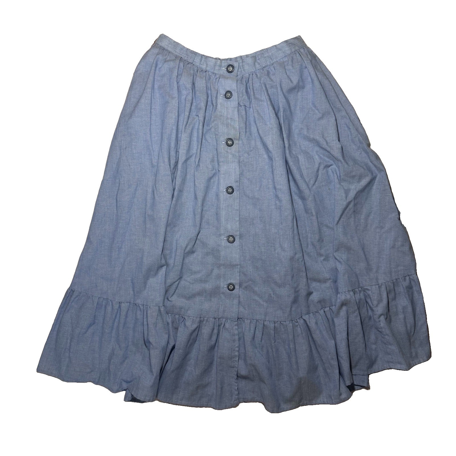 70s Handmade Ruffle Hem Denim Midi Skirt Button-Front Cottagecore Women’s M VTG