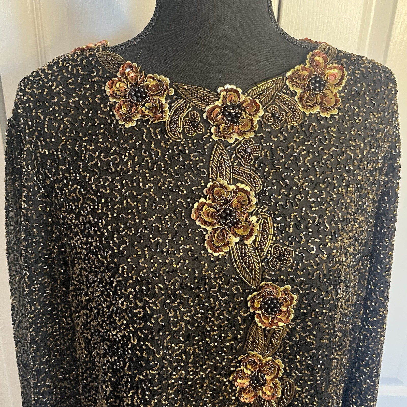 Vintage Candlelight by Jainsons Black 100% Silk Beaded Sequin Top L 1980s Glam