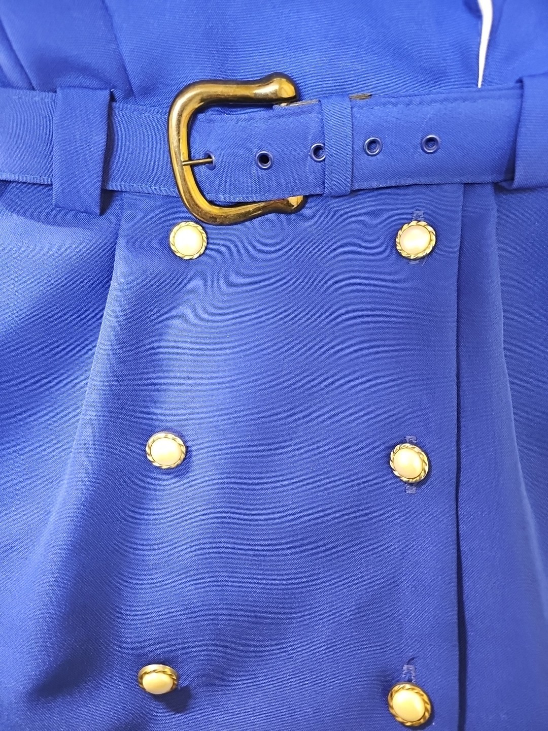 Vtg Miss Dorby Blue & White Double Breasted Belted Blazer Dress 12 P USA ILGWU