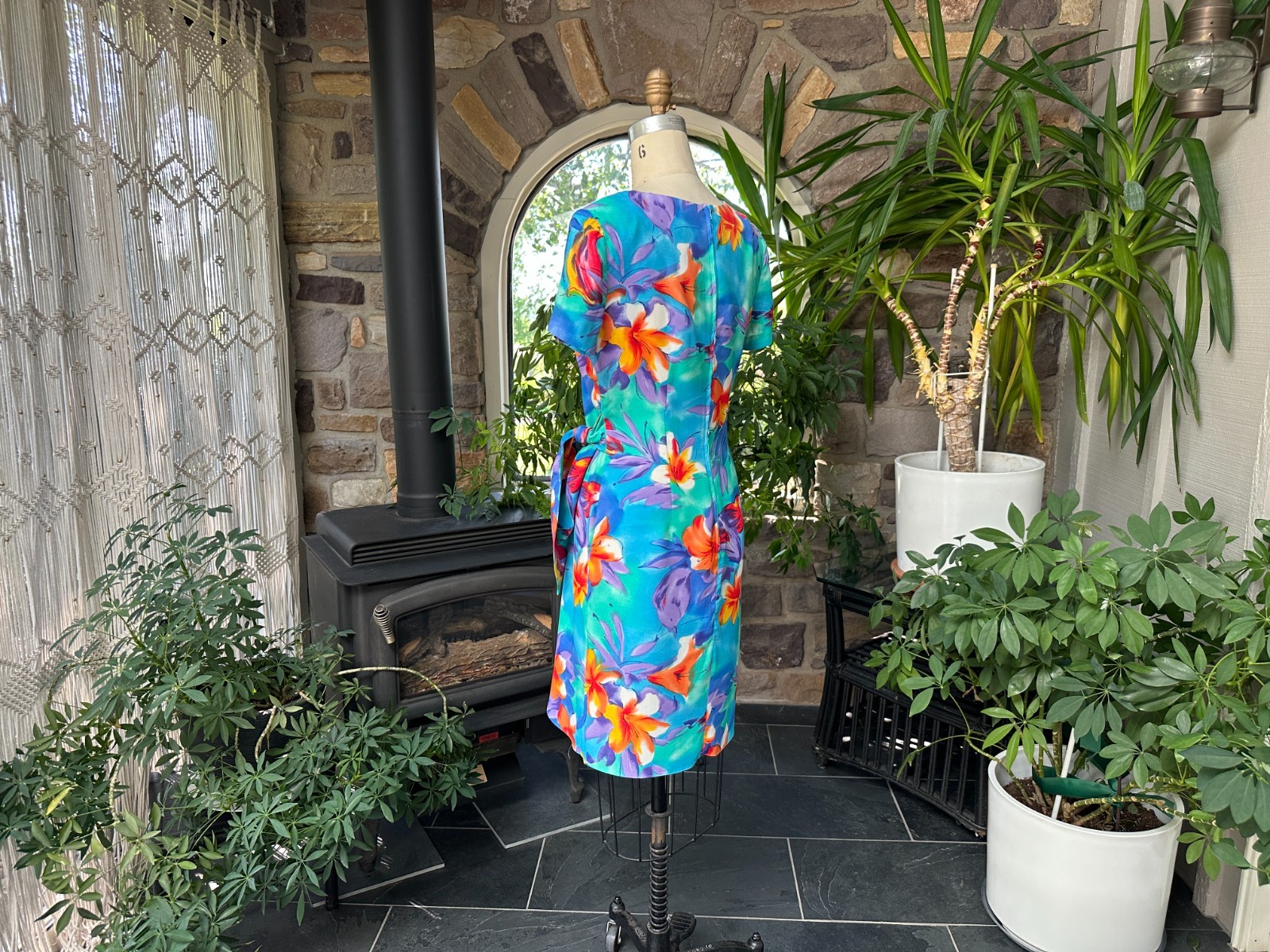 Vintage 1990s Blue and Orange Rayon Floral Sarong Style Dress K C Spencer