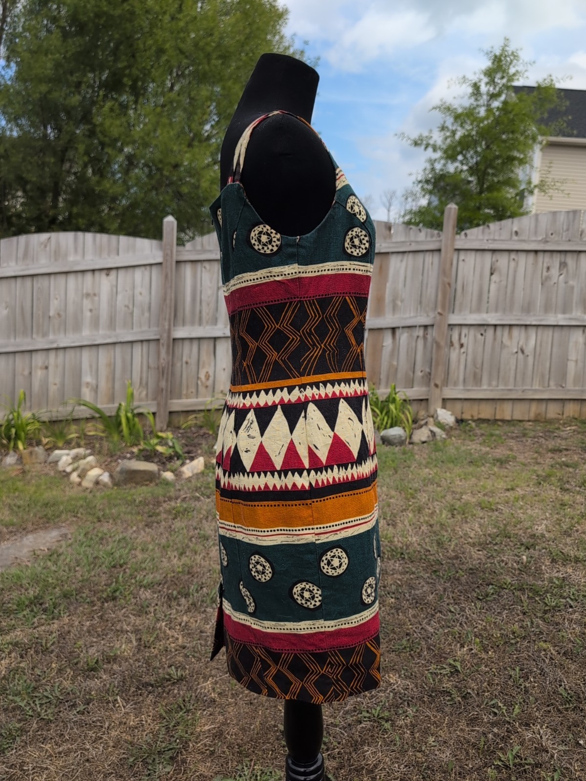 EUC VINTAGE ANDREA JOVINE LINEN SPAGHETTI STRAP SHEATH DRESS TRIBAL PRINT SIZE 4