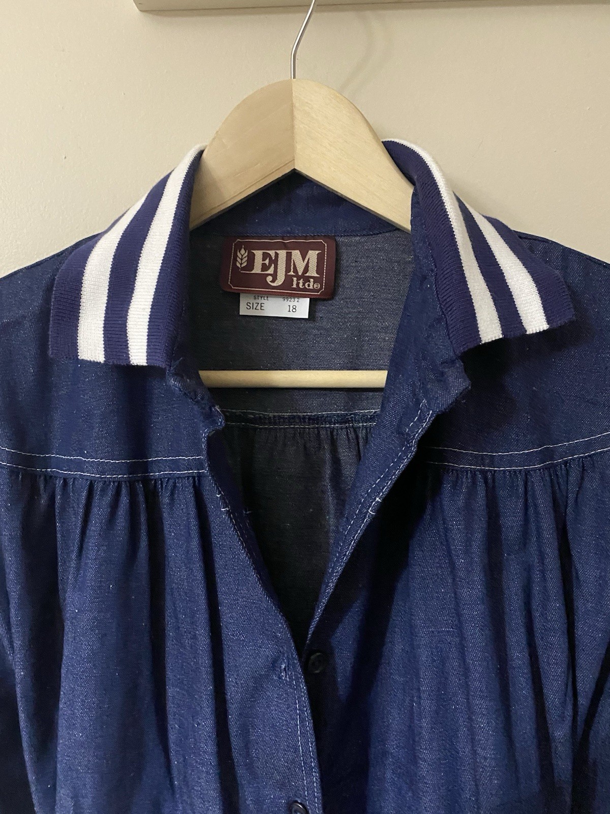 Vintage 1980s EJM Denim Jean Dress Belted Striped Collar NOS! USA 18 XL