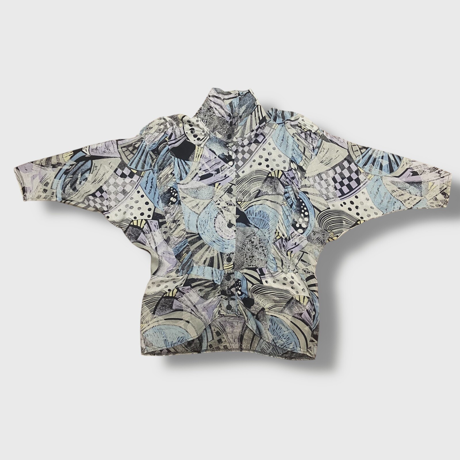 C&A Vintage Button Up Shirt Size M 38 High Neck Dolman Sleeve Abstract Pattern
