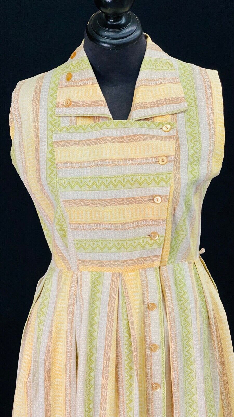 Vintage 1950s yellow green sleeveless dress, asymmetric shirt collar cotton L XL