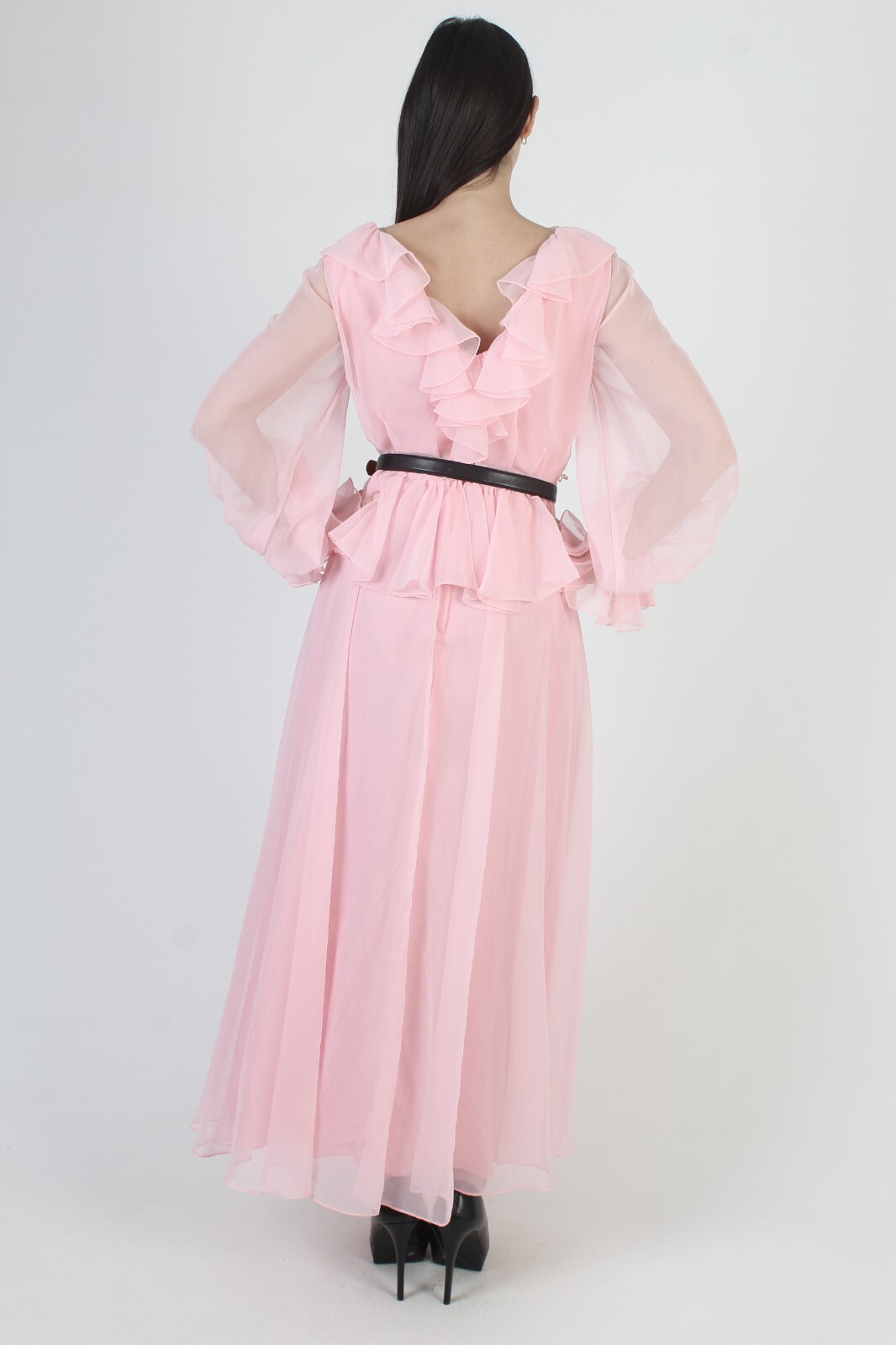 Vintage Cotton Candy Pink Chiffon Dress Sheer Slv Ruffle Party Peplum Maxi Gown