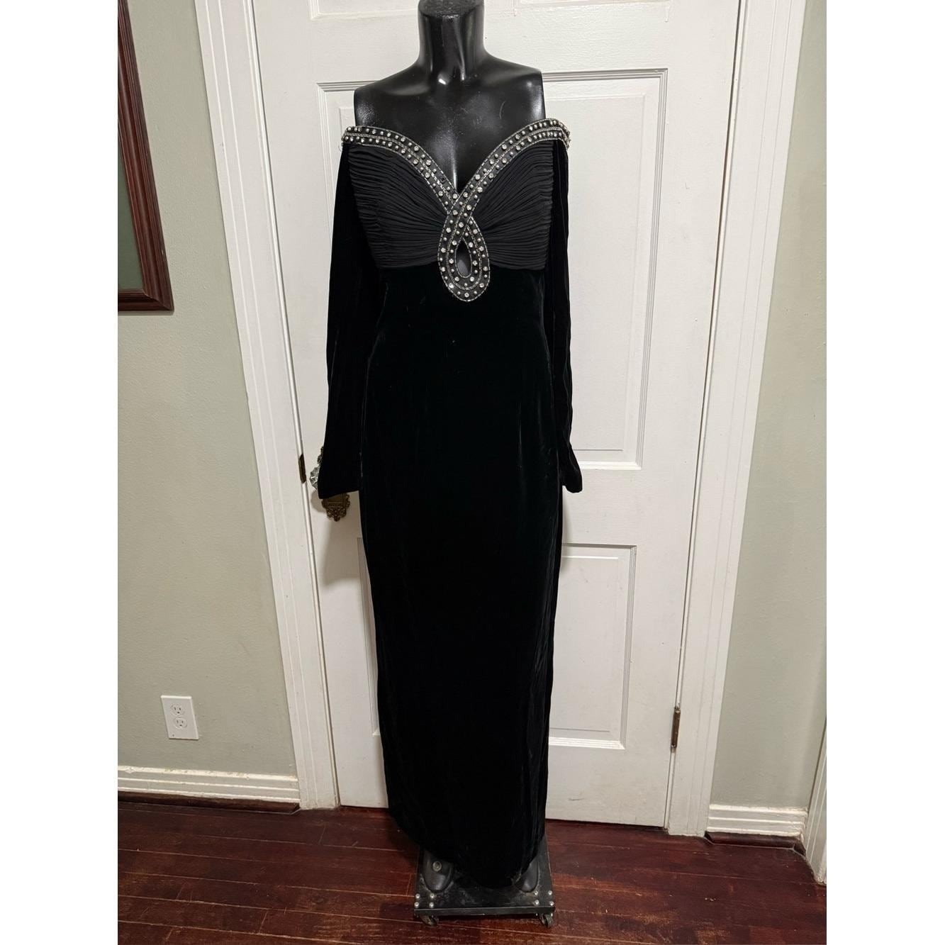 Vintage Off The Shoulder Black Beaded Velvet Long Dress 80s 90s Long Sleeve
