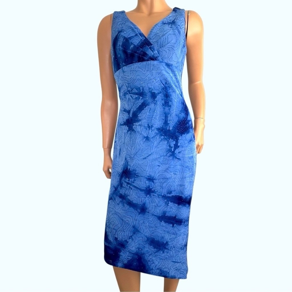 Clique USA Beaded Dress 10 [S] Asymmetric Hem Blue Rhinestones Wedding Guest