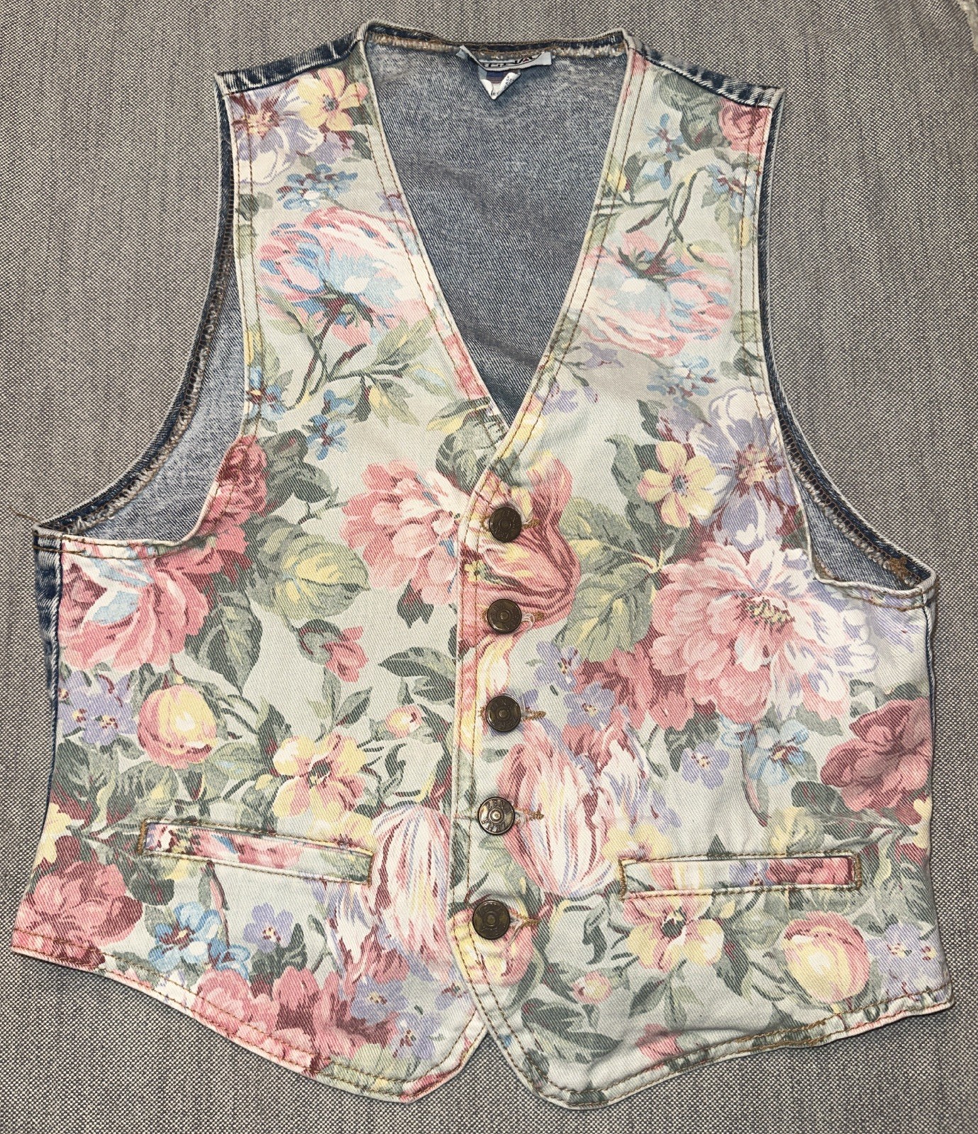 Vintage Zena Floral Acid Wash Denim Blue Jean Vest Medium Womens Cottagecore 80s