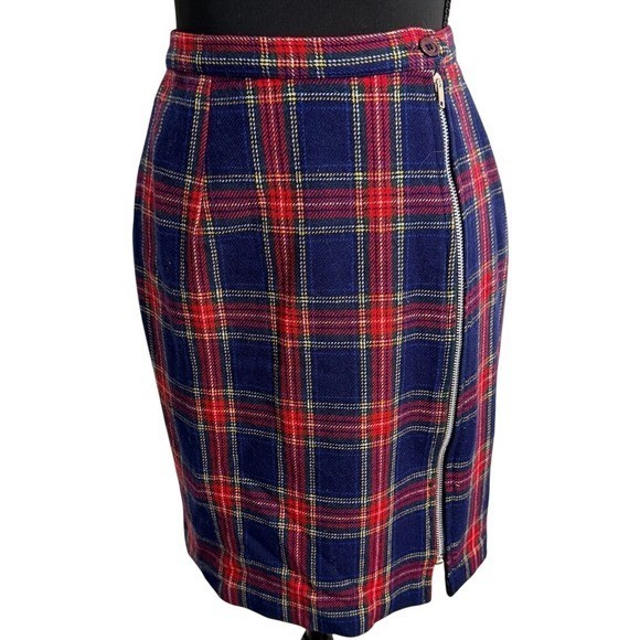 Jean-Du-Champ French Vintage Plaid Wool Pencil Skirt Navy Red Side Zip