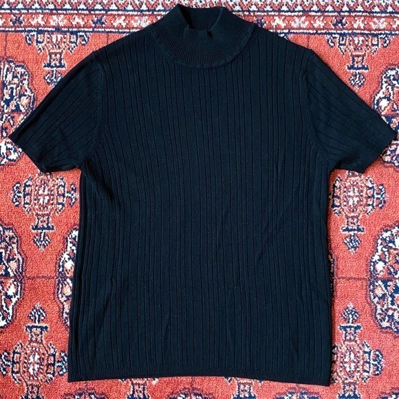VTG CHAUS Size PS Black Cable Knit Mock Turtleneck Short Sleeve Pullover Top