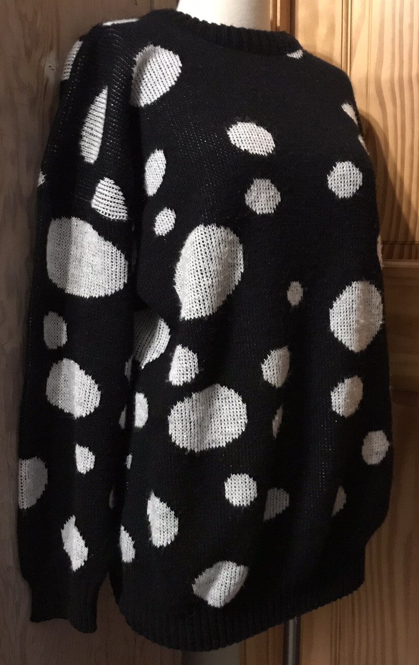 Spunky Vintage Acrylic Sweater Black Metallic Silver MOD ABSTRACT Retro 1980s