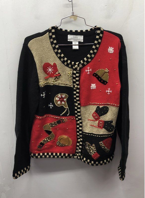 Vintage 90s Lisa International Women’s Novelty Holiday Beaded Cardigan Sz PL