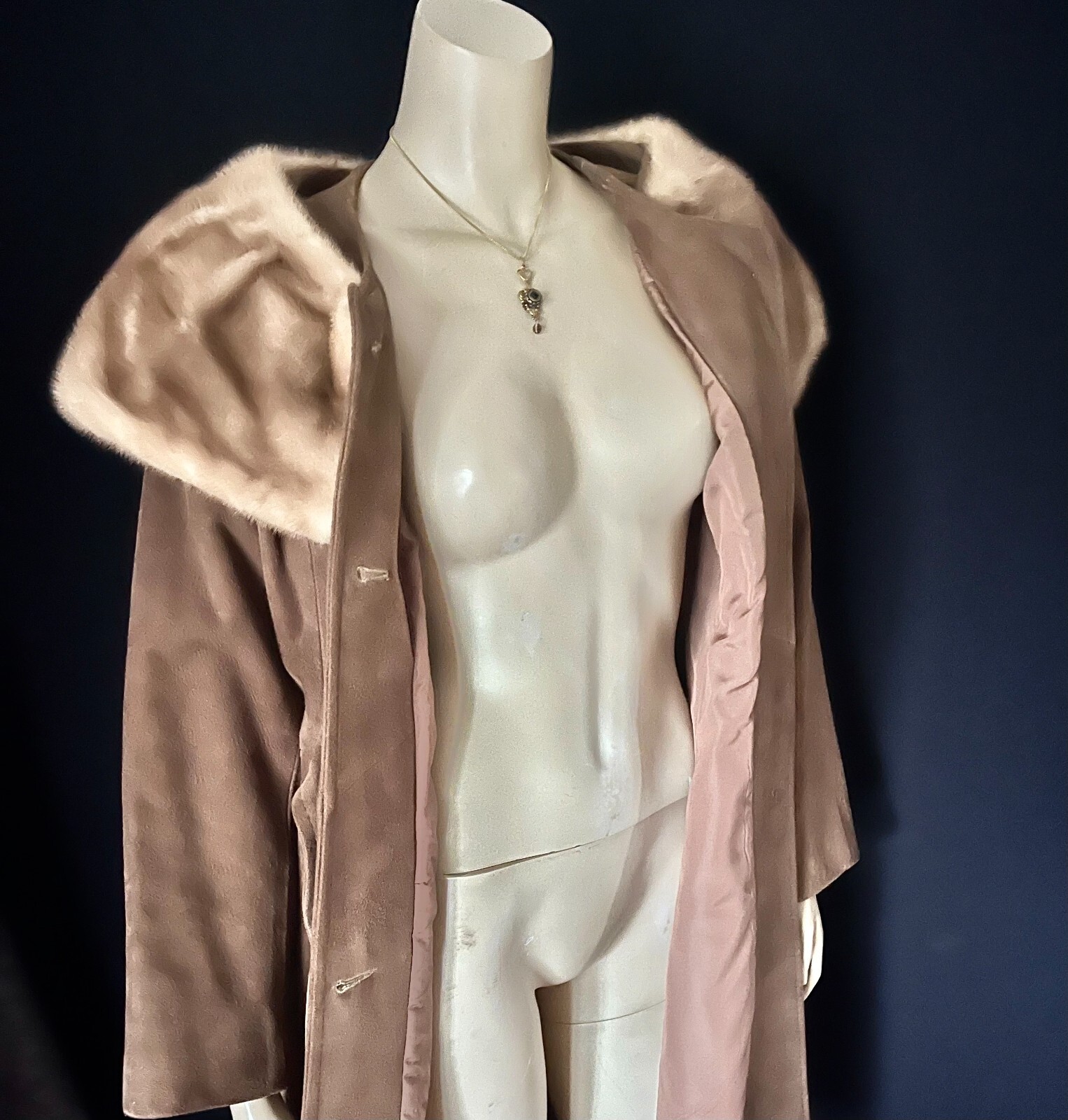 1960s, 1970s Mink Collared Light Cocoa Brown Suede Coat, Fitted, Belted, Sm- Med