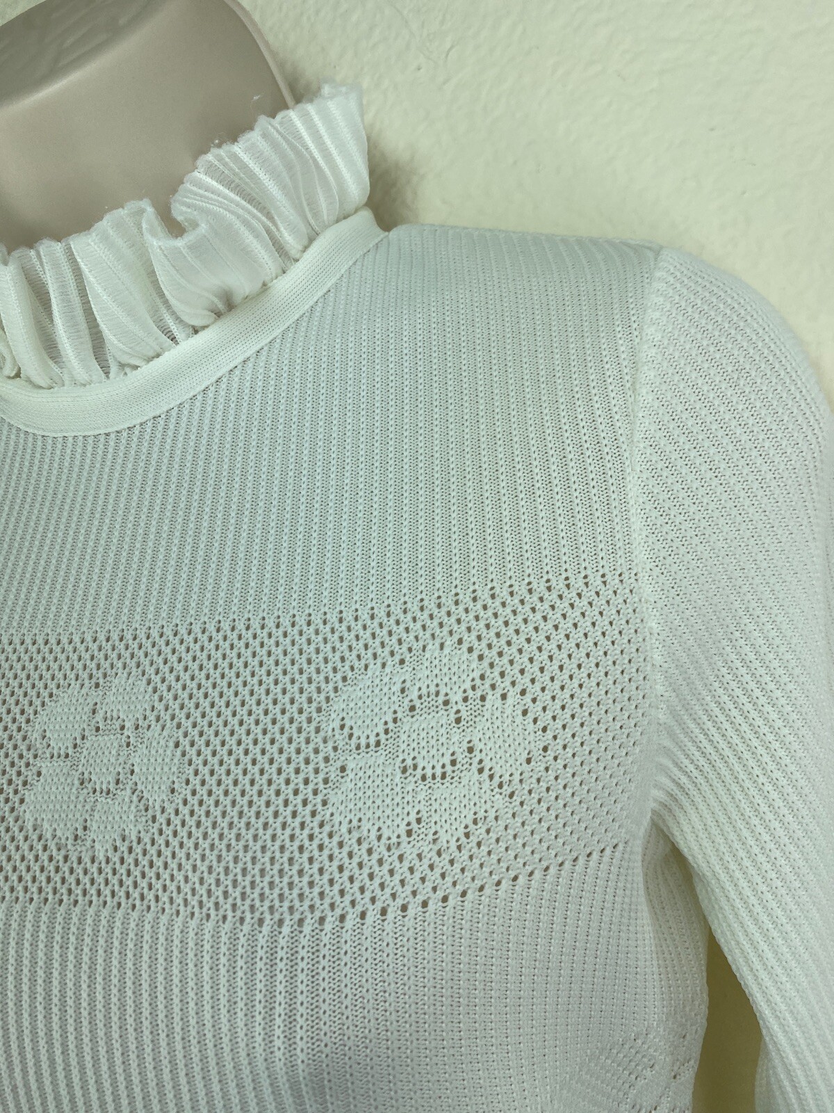 James Kenrob By Dalton Vintage White Ruffle Neck Ribbed Embroidered Sweater 6