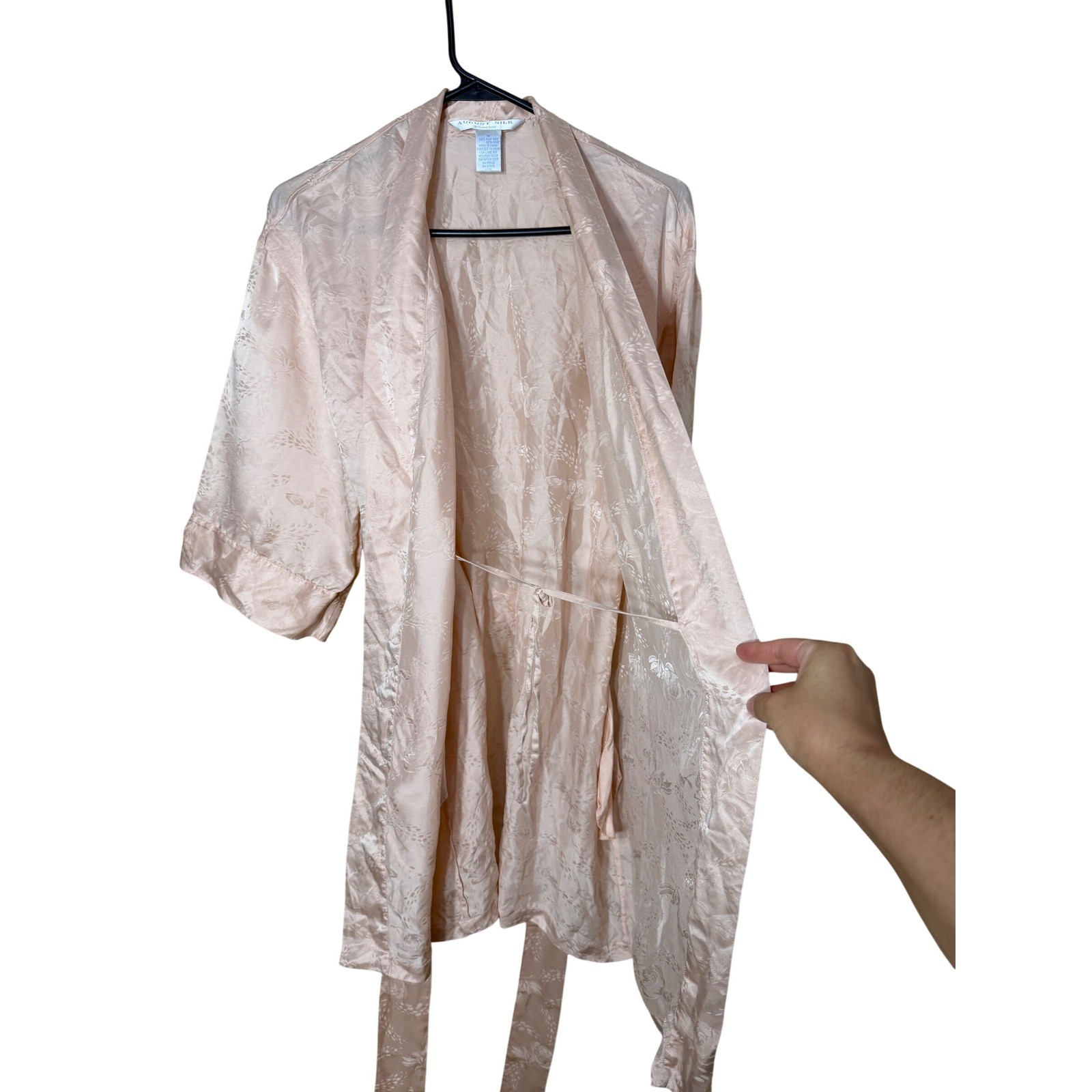 August Silk Intimates Pink 100% Silk Floral Jacquard Robe Medium Vintage