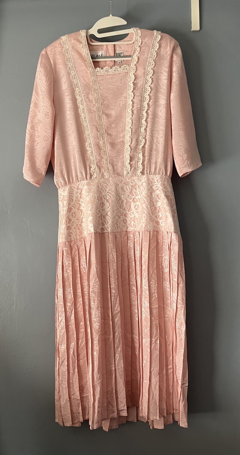Vtg Nilani Lace Dress Blush Pink Drop Waist Button Shoulder Pads Sz 12