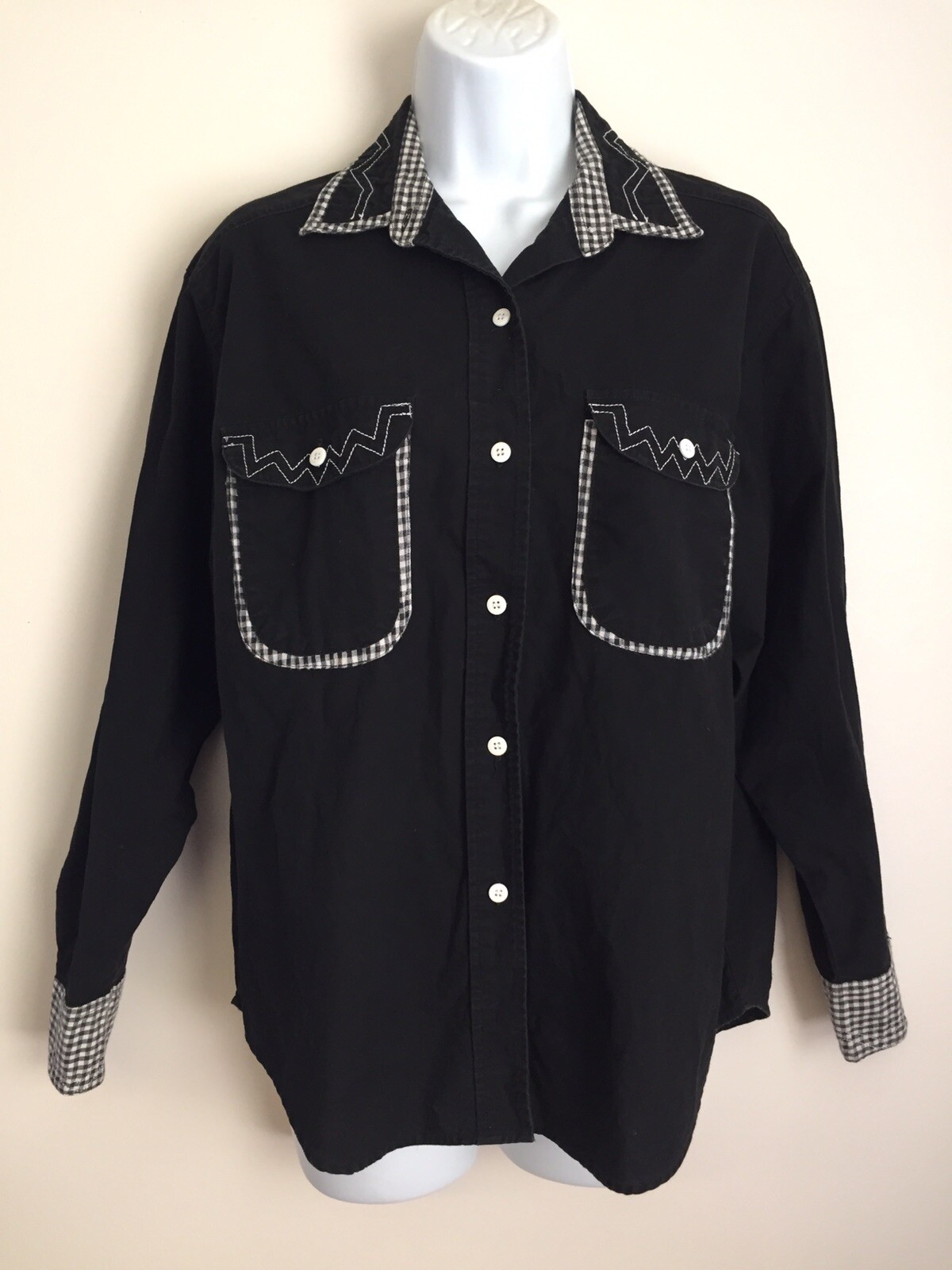 Cricket by the Creek Western Ladies Button-Up Vintage 100% Cotton Black Plaid