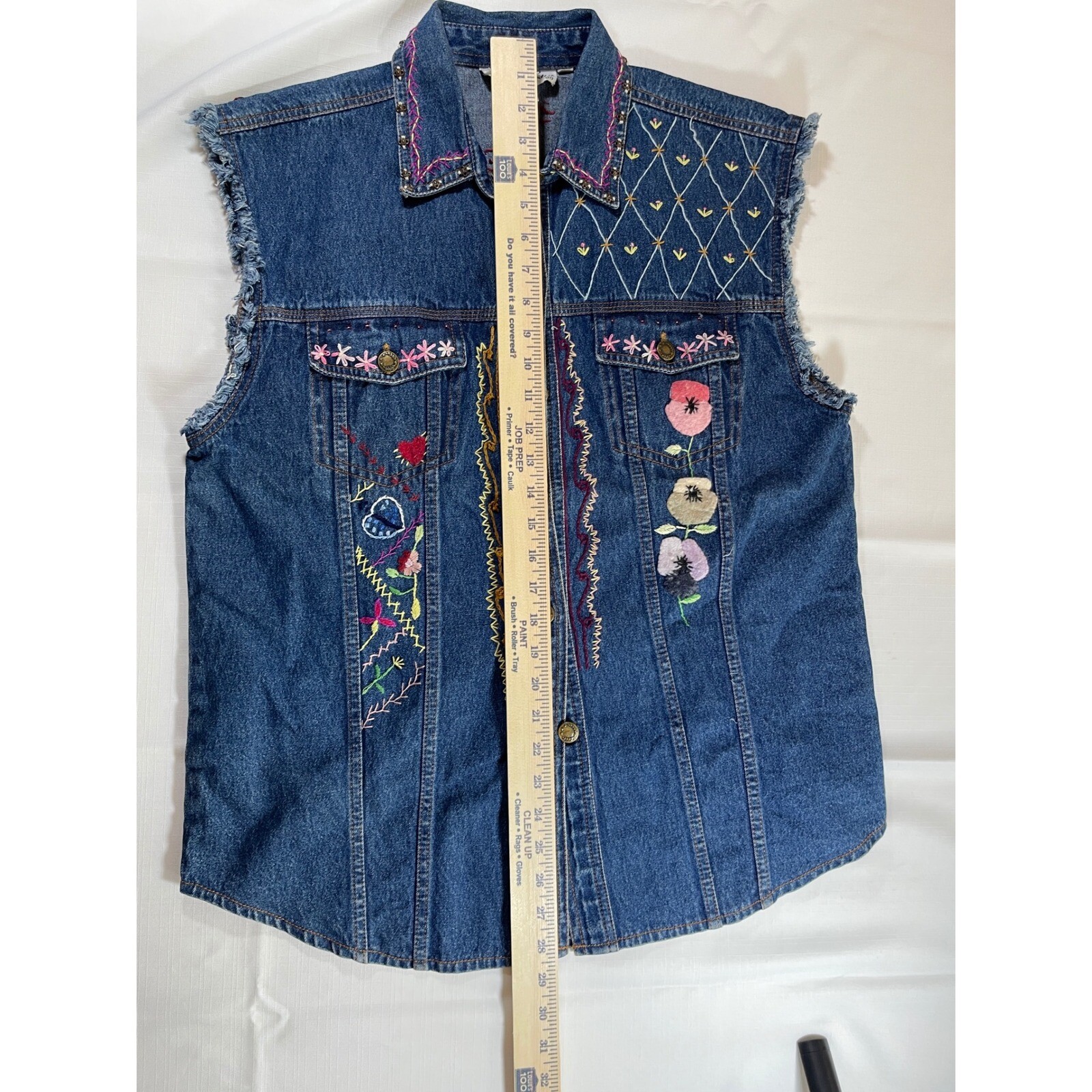 Midnight Run Denim Vest Embroidered Sleeveless Jean Jacket L