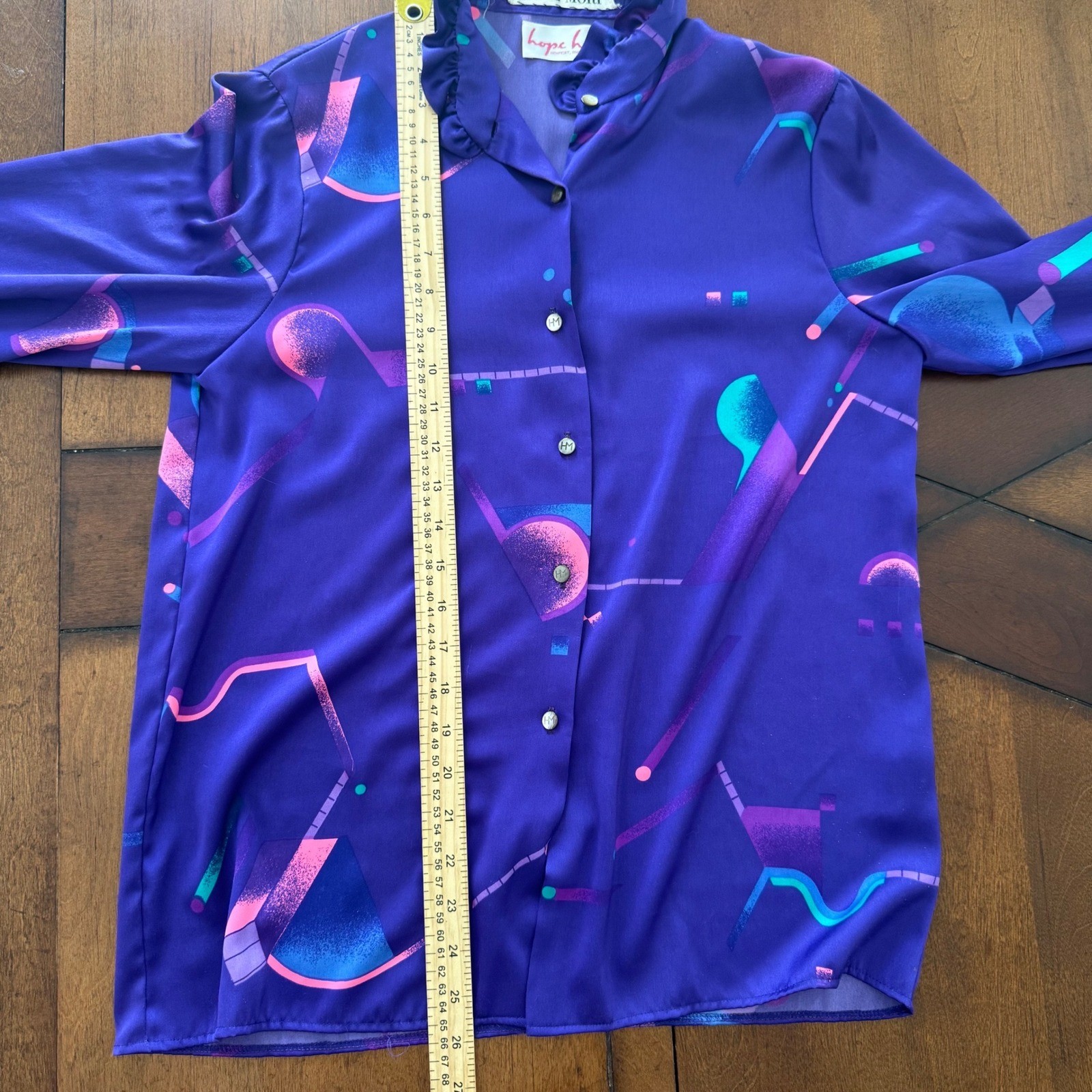 Hanae Mori Vintage Purple Geometric Abstract Ruffle Neck Satin Blouse Size 8
