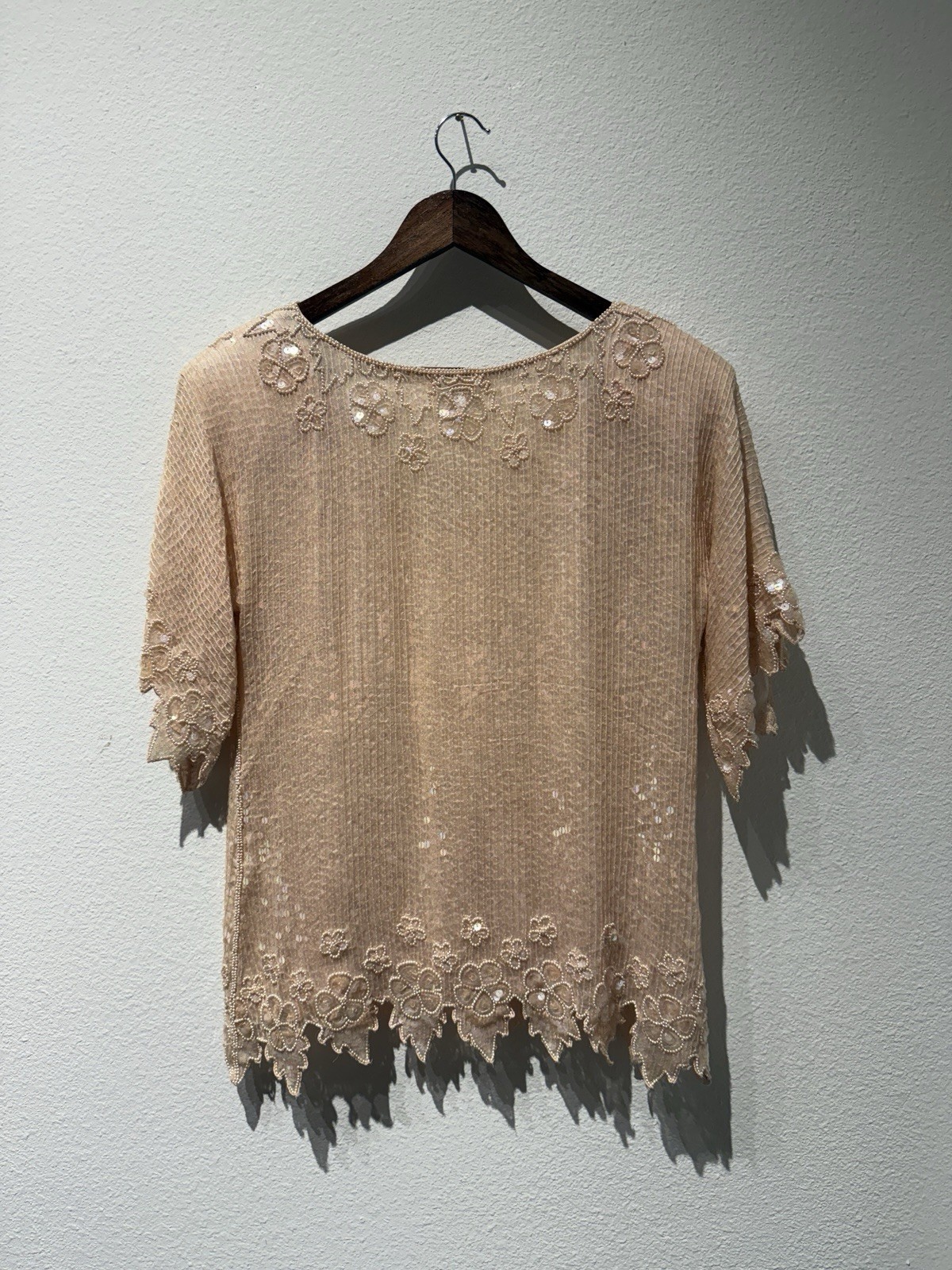 Vtg 80’s Capriccio Women’s Floral Sequin Silk Top Scalloped Art Deco