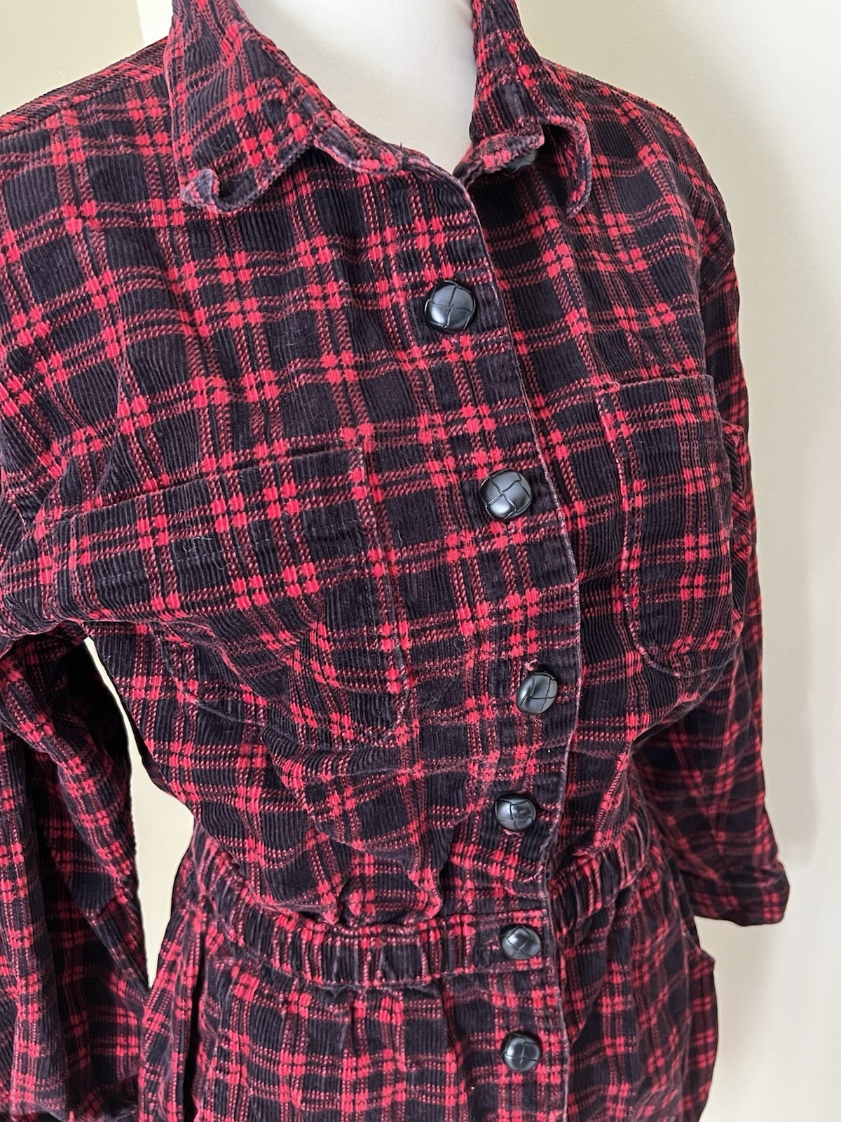 FADS Vintage Corduroy Plaid Dress – 100% Cotton, Elastic Waist, Grunge 90s Style