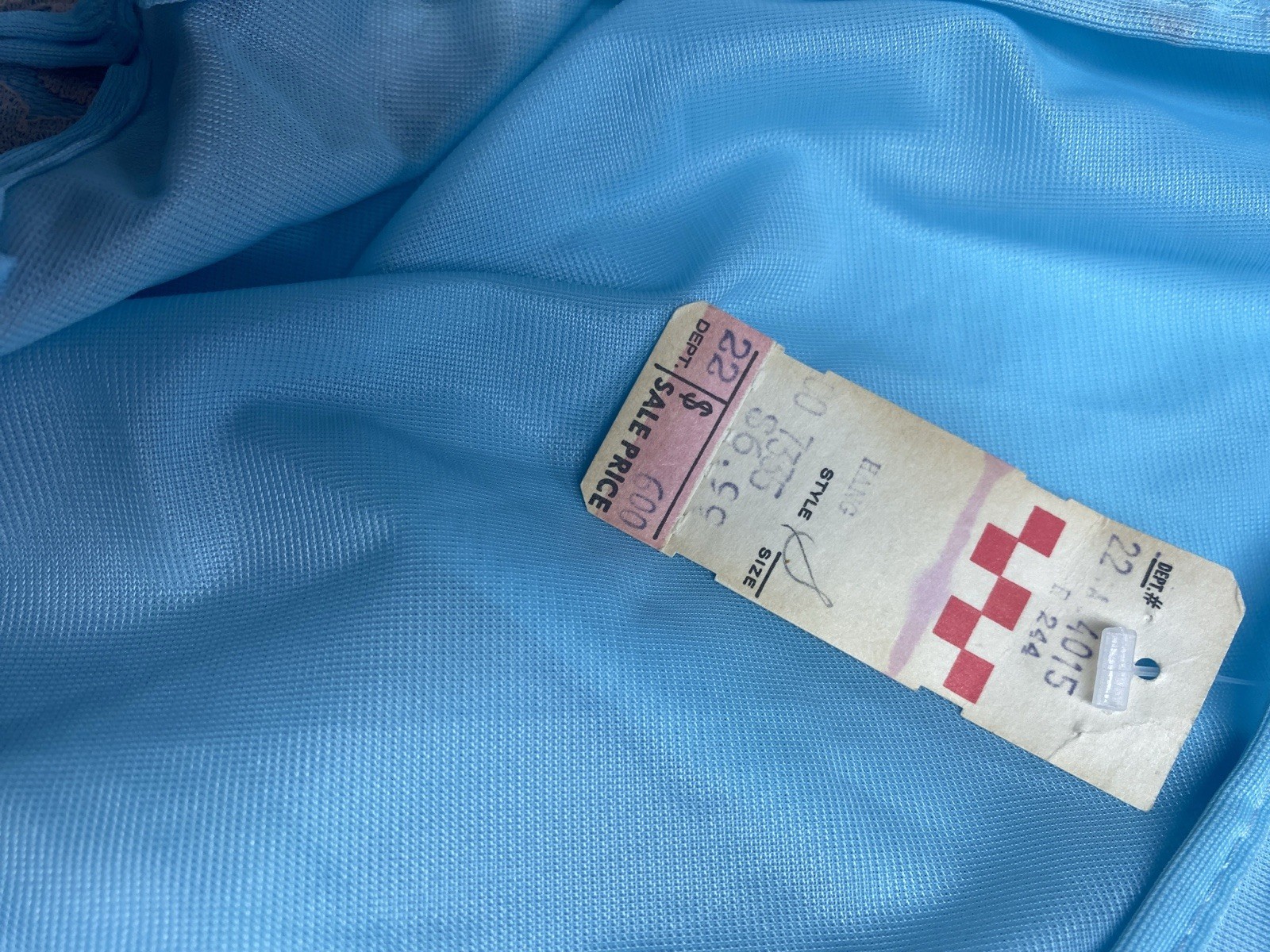 NWT 70s Vintage Fitted 1/2 sleeve nightgown – blue nylon & cream lace Size Small