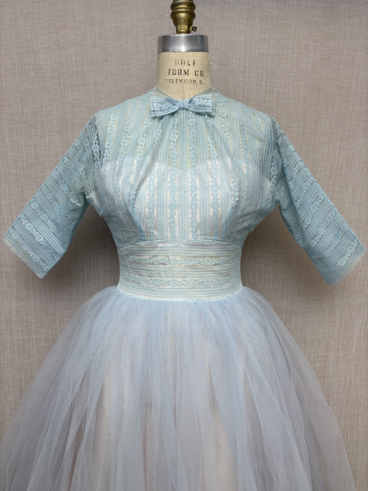 Vintage 1950s Lace Tulle Illusion Dress Wedding Bridesmaid Modest Princess XXS