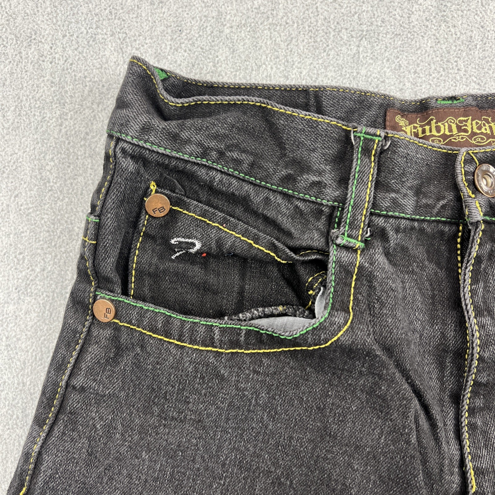 Vintage FUBU 90s Jeans Sz 16 (26×28) Distress Embroidered Pockets Baggy Skater