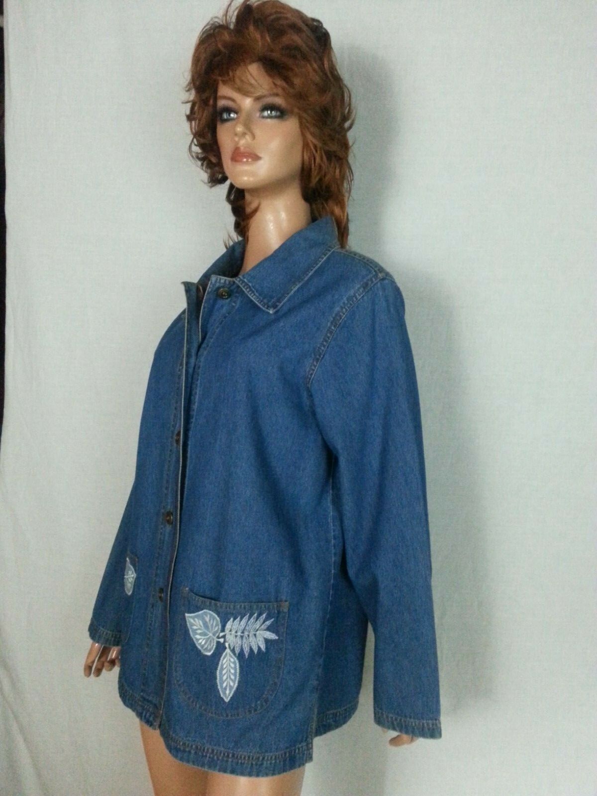 Vtg Women Blair Blue Jean Denim Jacket Coat Leaves Embroidery Butterfly Patch M