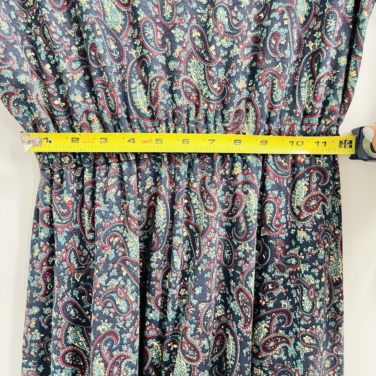 Vintage 90s Fads Paisley Turtleneck Long Sleeve Full Length Dress Blue Sz Large