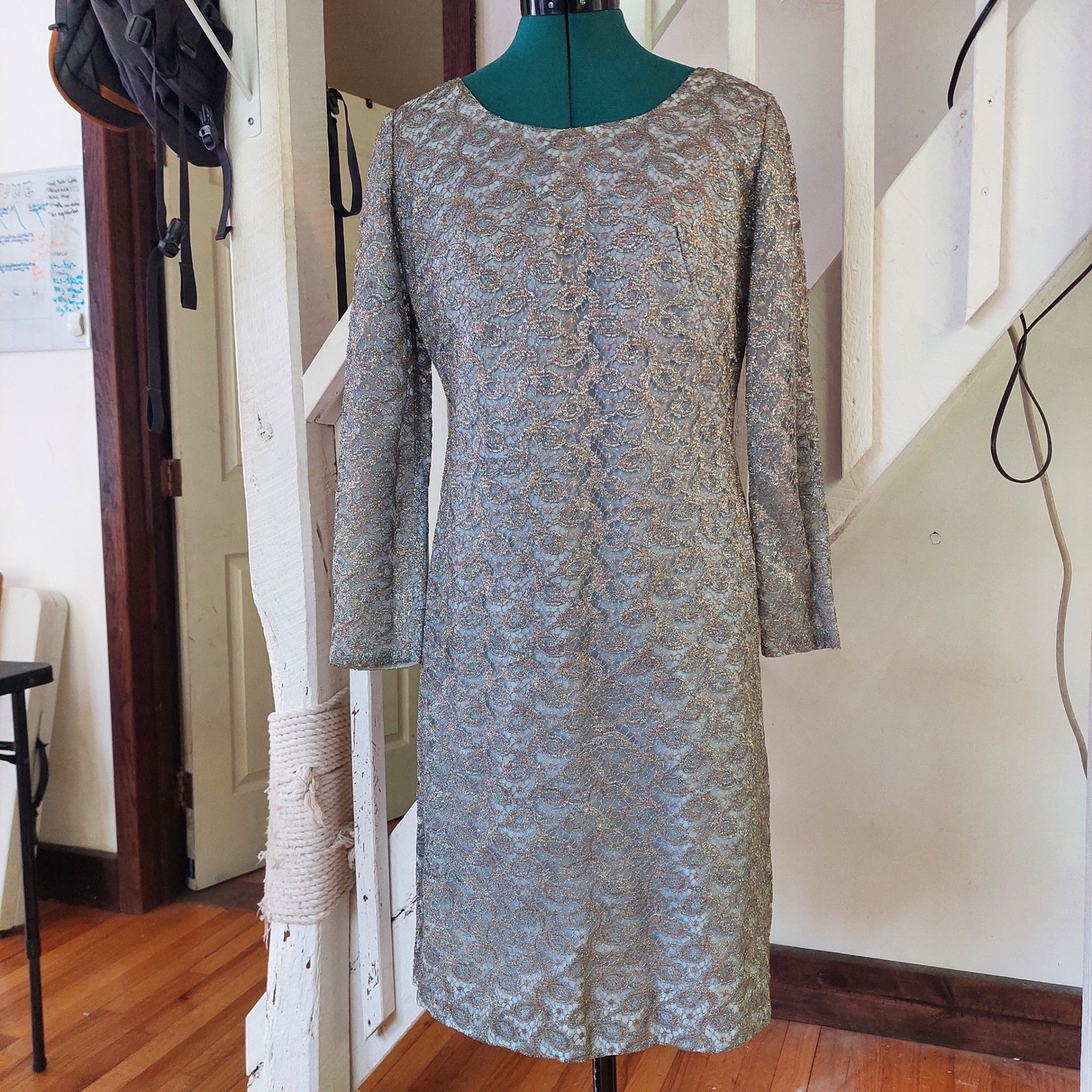 Vintage Clifton Wilhite Dallas Metallic Silver Gold Lace Cocktail Dress 1960’s