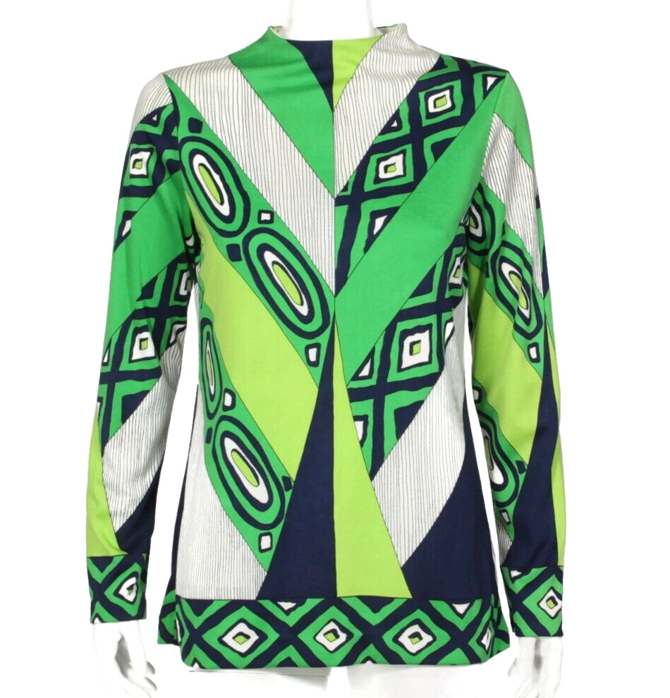 SPORTEMPO Psychedelic Green Blue Mod Geometric Zip Back Top sz M /863