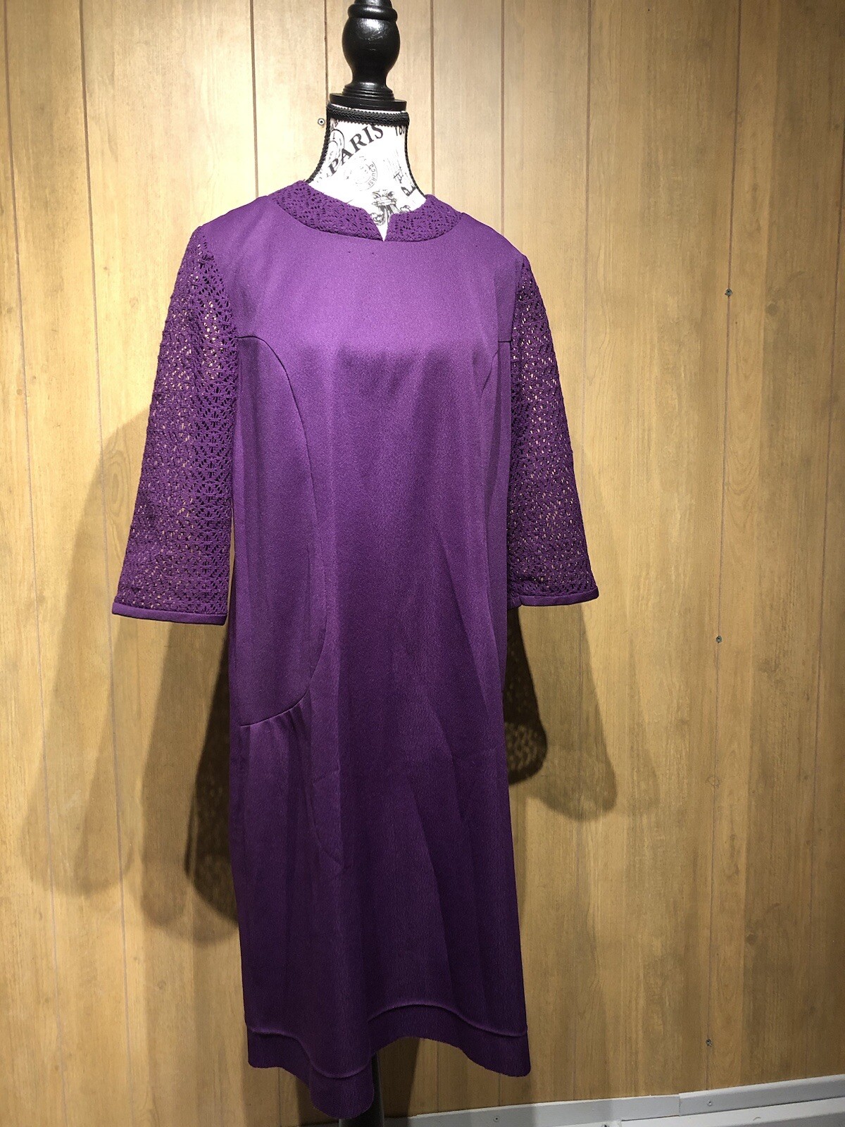 VTG 60s Mynete Polyester Eggplant Purple Mod GoGo Lace Sleeves Mini Dress ~L/XL
