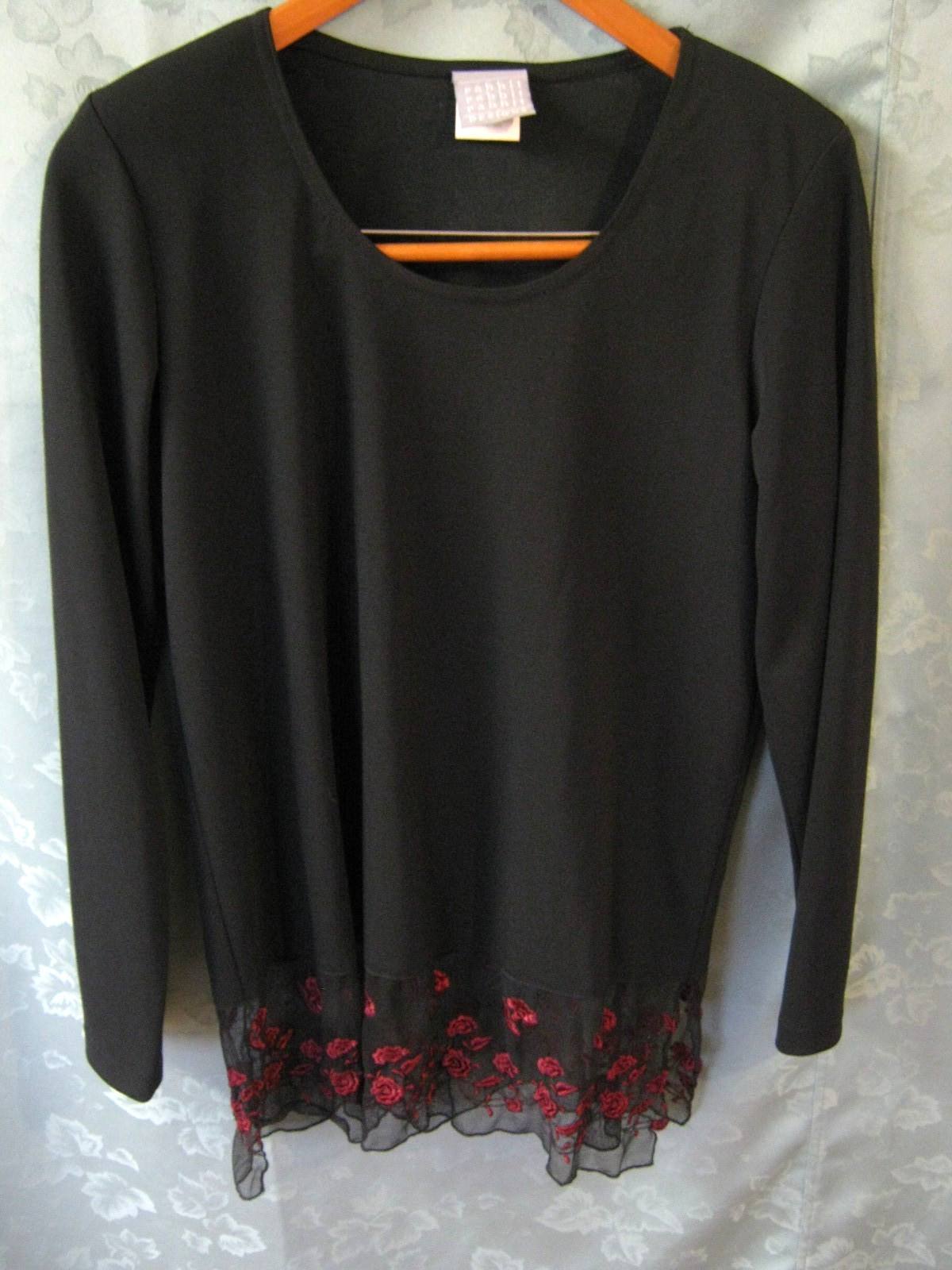 VTG 90’s Rabbit Designs Tunic Top Size 6 Sheer Lace Hem Stretchy Knit