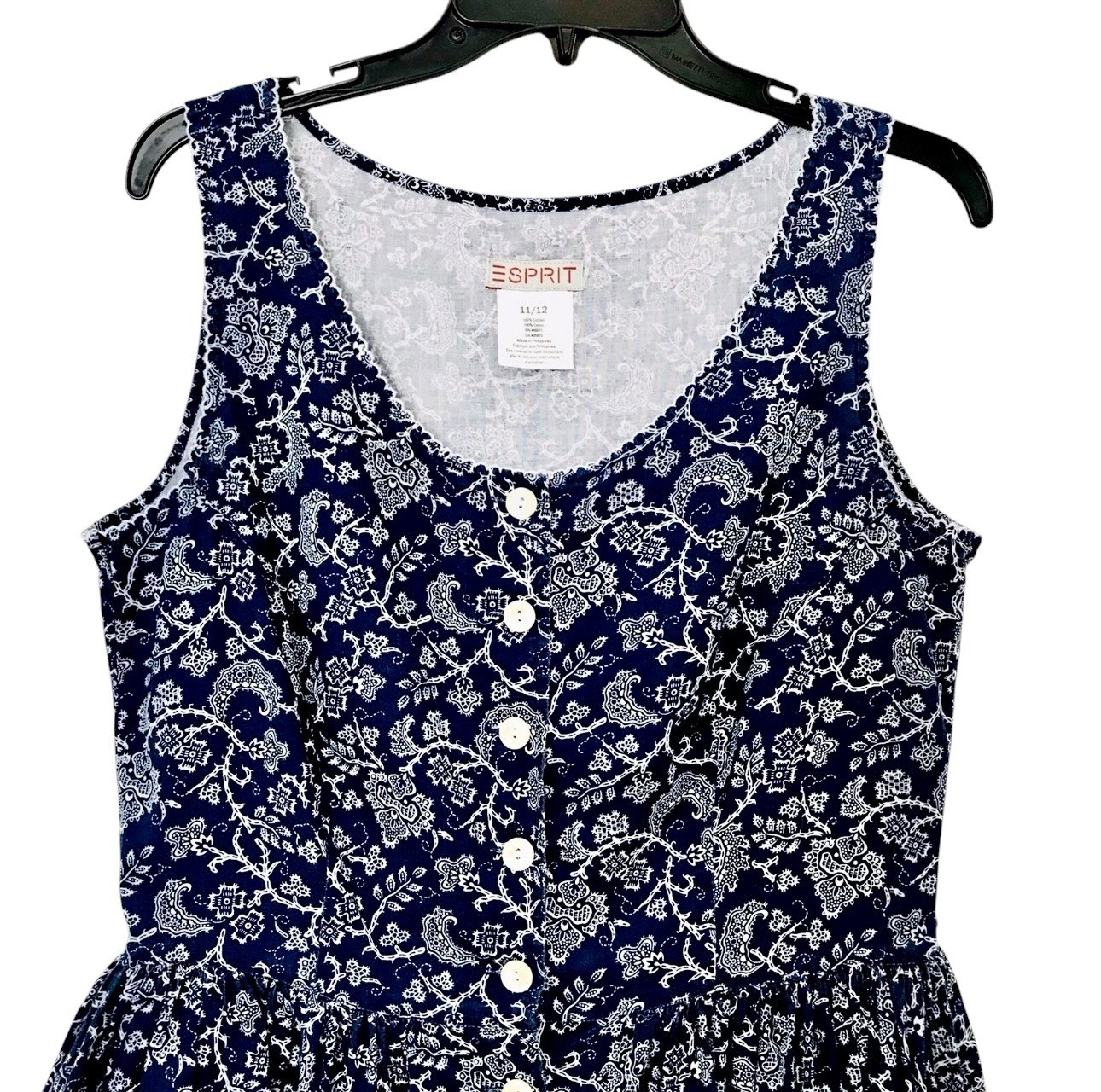 Esprit Vintage 80’s Womens 11/12 Navy White Floral Batik Print Tank Style Dress