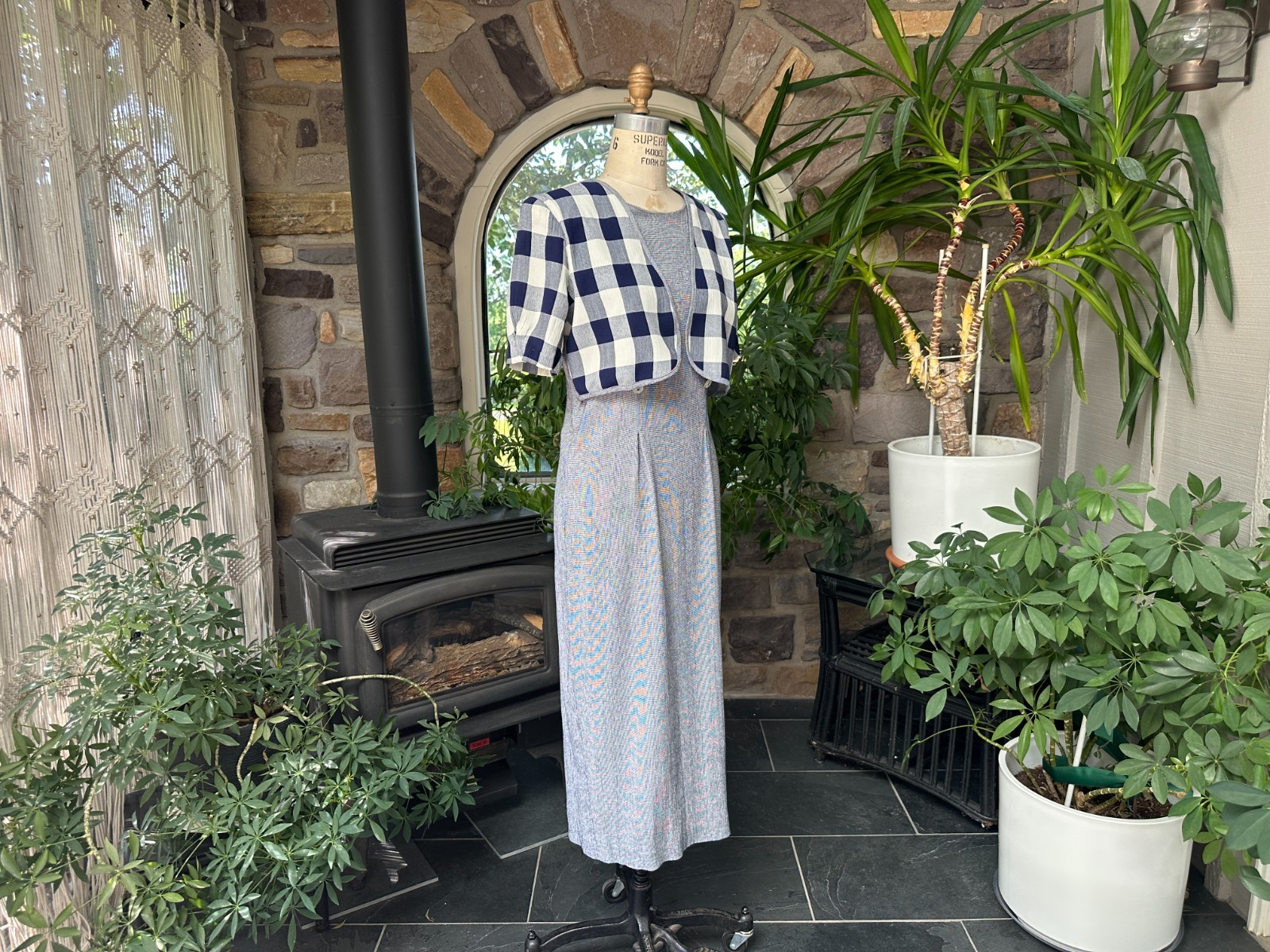 Vintage 1990s Blue and White Check Midi Dress TR Bentley