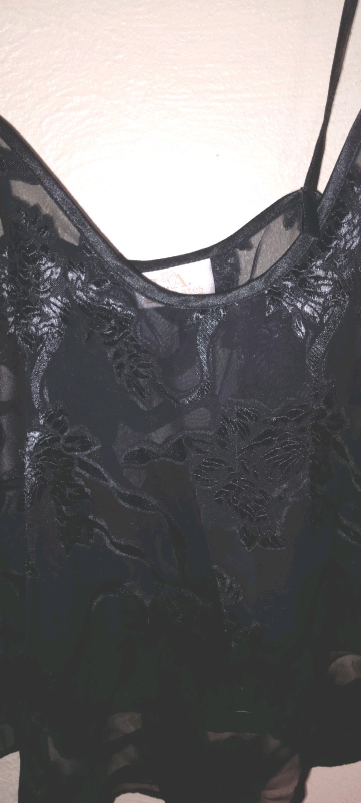 Vtg,90s,LA Intimates, sheer Black Camisole Satin Jacquard Poly/mesh Floral,Lg