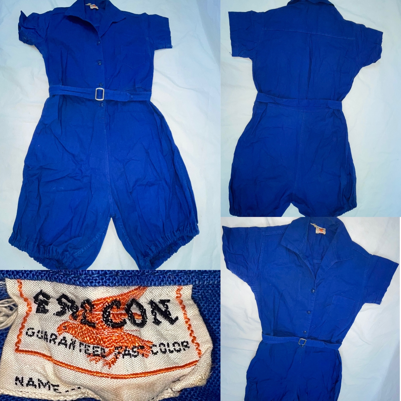 VTG 40S 50S WOMENS S/M BLUE BUTTON FALCON FAST COLOR GYM UNIFORM ROMPER PLAYSUIT