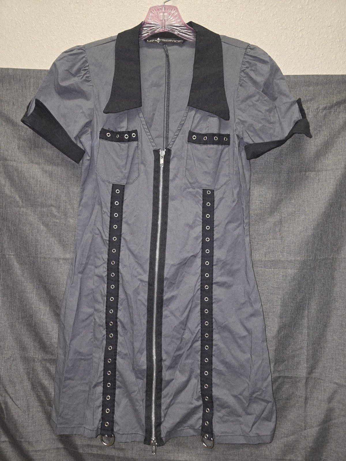 Vintage Lip Service Mini Dress Gray With Black Pink Bondage Size Large Front Zip