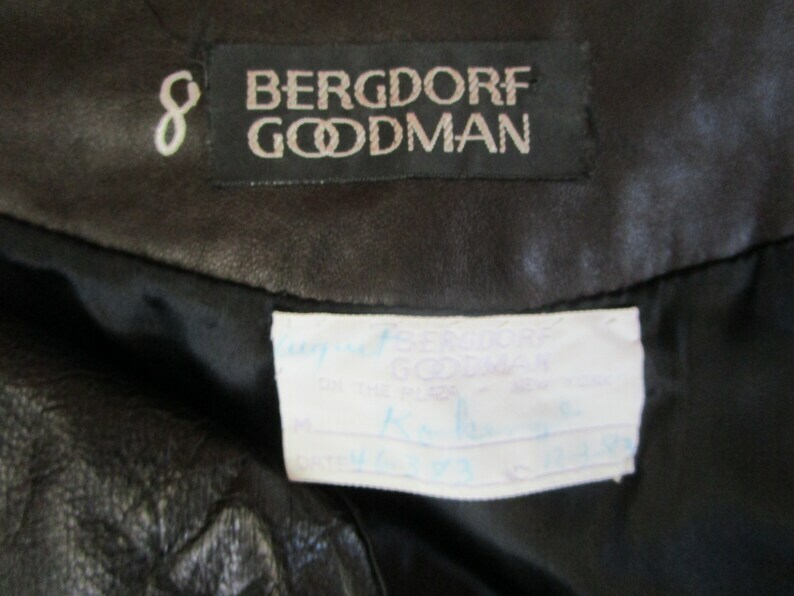 M Bergdorf Goodman Black Leather Pencil Skirt 1980s Cummerbund Slash Pockets