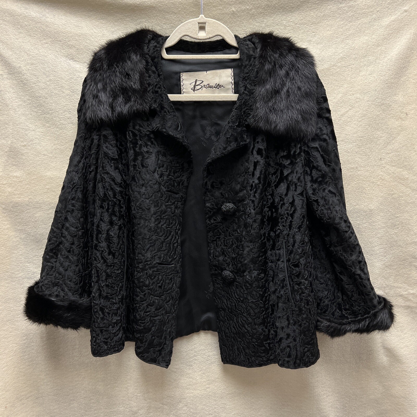 Vintage Bramson Fur Coat Womens S/M Black Curly Persian Lamb Mink Cropped Jacket