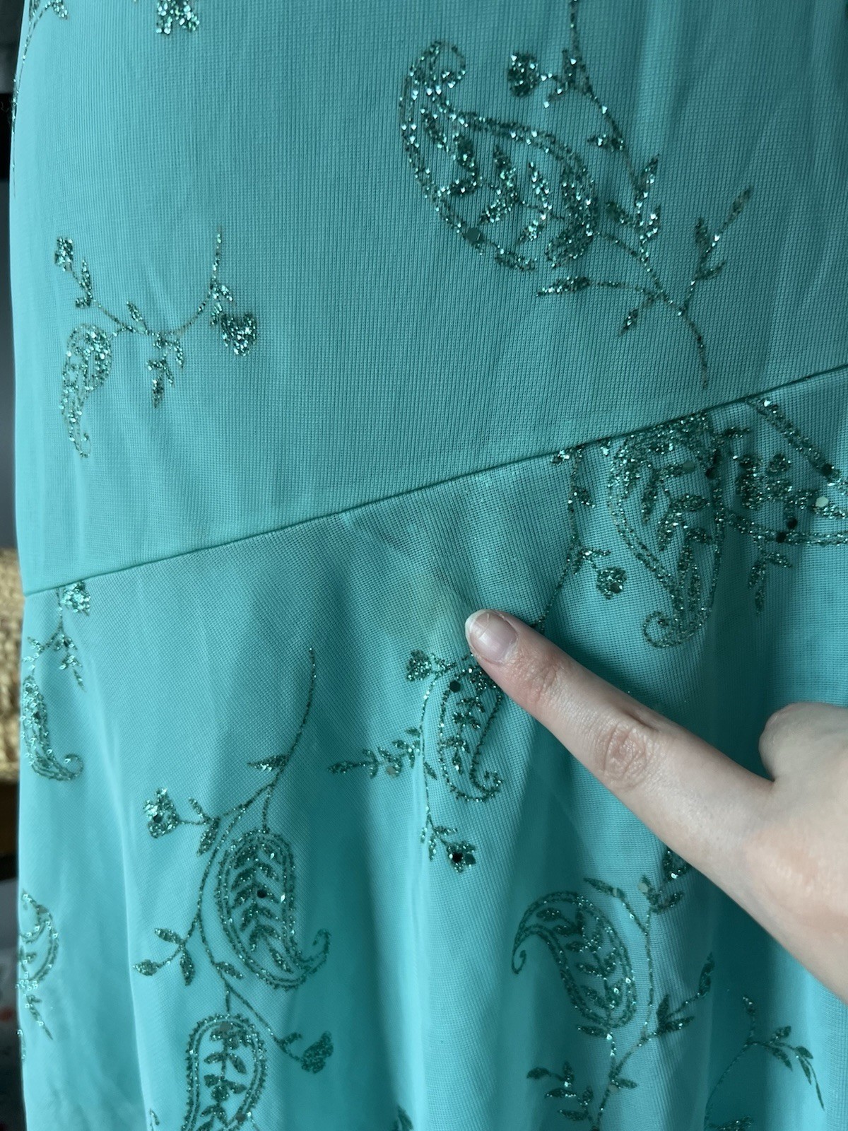 Vintage Y2K “Taboo” Blue Teal Paisley Floral Glitter Asymmetrical Midi Dress