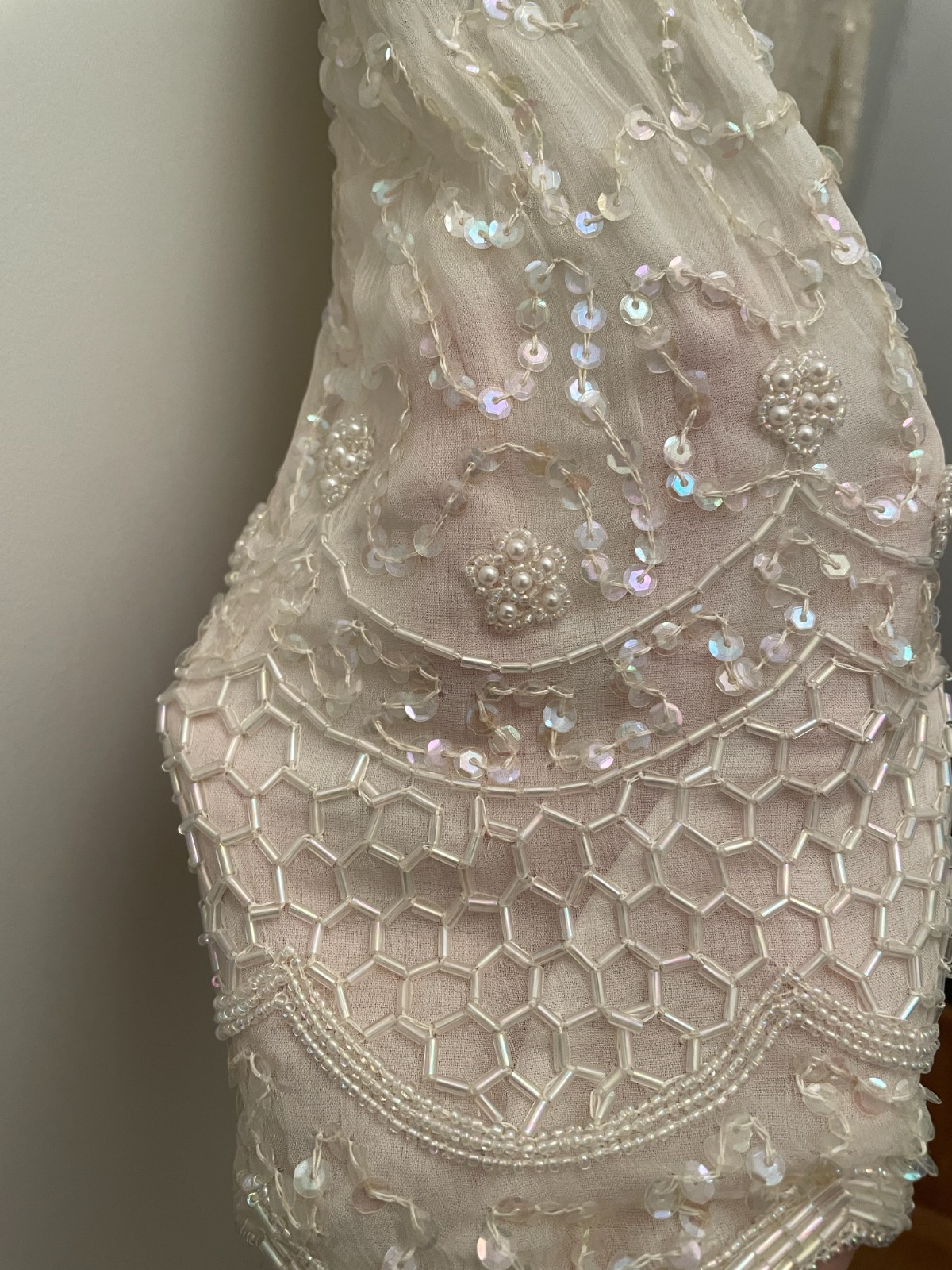 Vintage Large Brilliante by J.A. 100% Silk White Beaded dress Wedding
